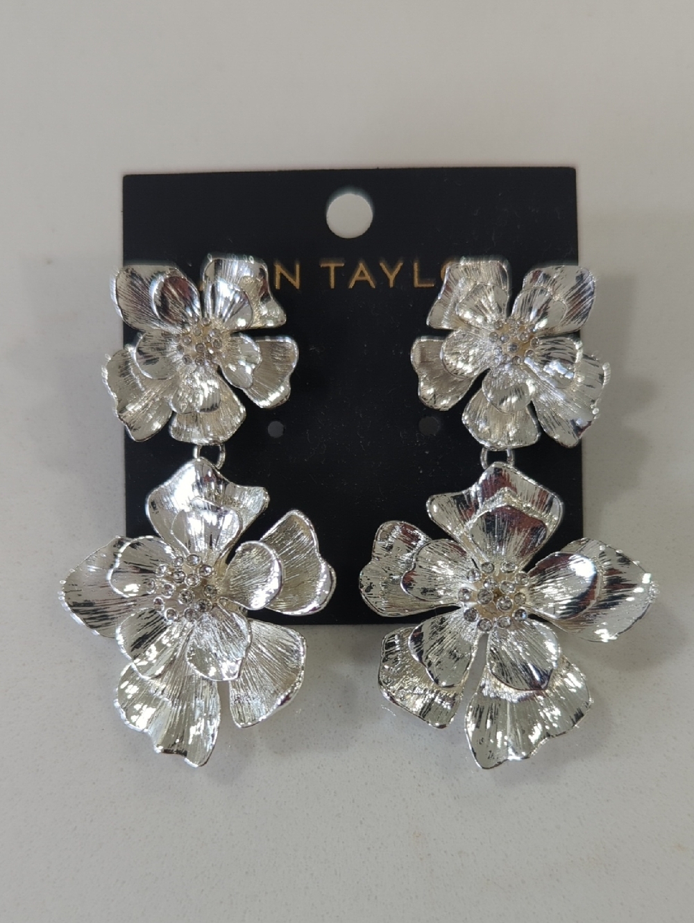 Ann Taylor Silver and Rhinestone Floral Drop Earrings - 2-Tier Flower Design